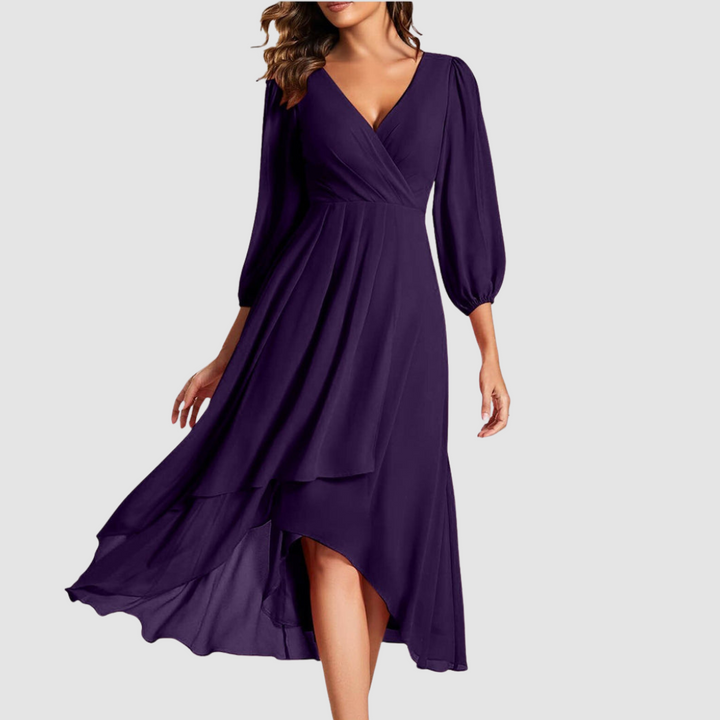 Purple V-neck wrap long dress with balloon sleeves and layered skirt, midi hem slit