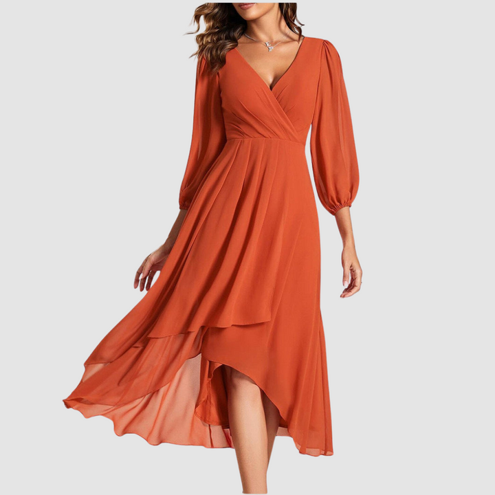 Orange V-neck wrap long dress with balloon sleeves and layered skirt, midi hem slit