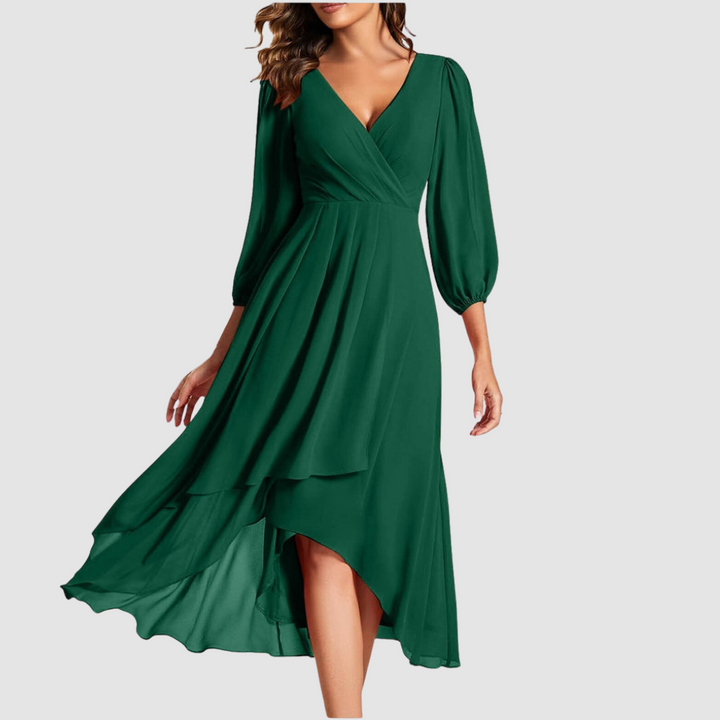 Dark green V-neck wrap long dress with balloon sleeves and layered skirt, midi hem slit