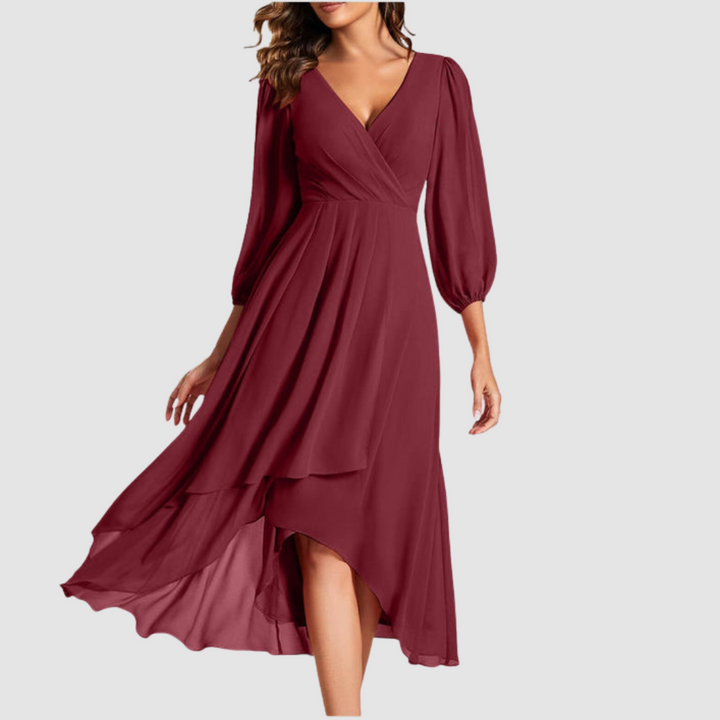 Burgundy V-neck wrap long dress with balloon sleeves and layered skirt, midi hem slit