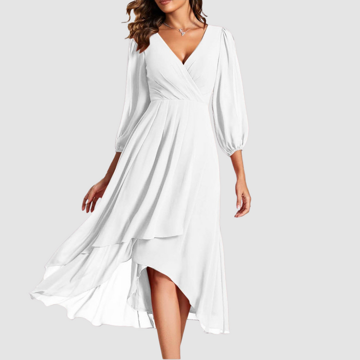 White V-neck wrap long dress with balloon sleeves and layered skirt, midi hem slit