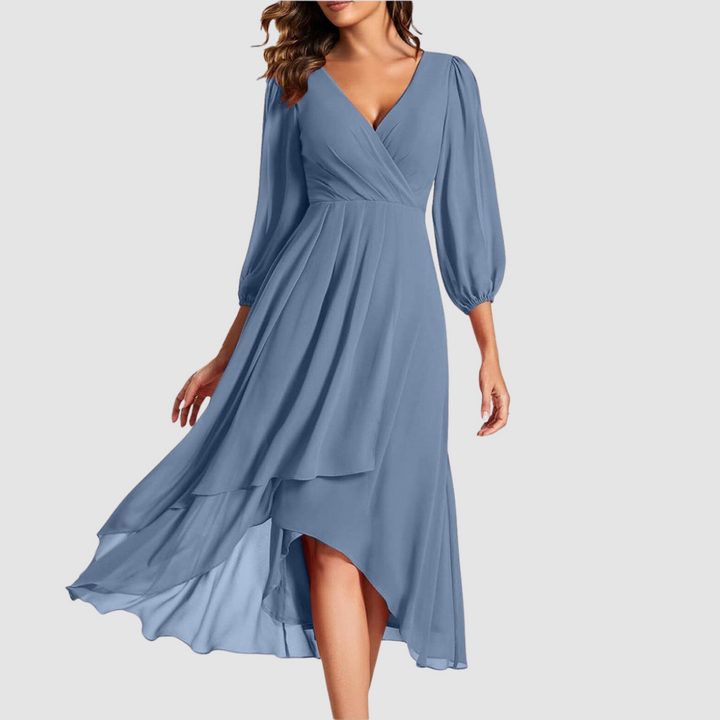 Light blue V-neck wrap long dress with balloon sleeves and layered skirt, midi hem slit