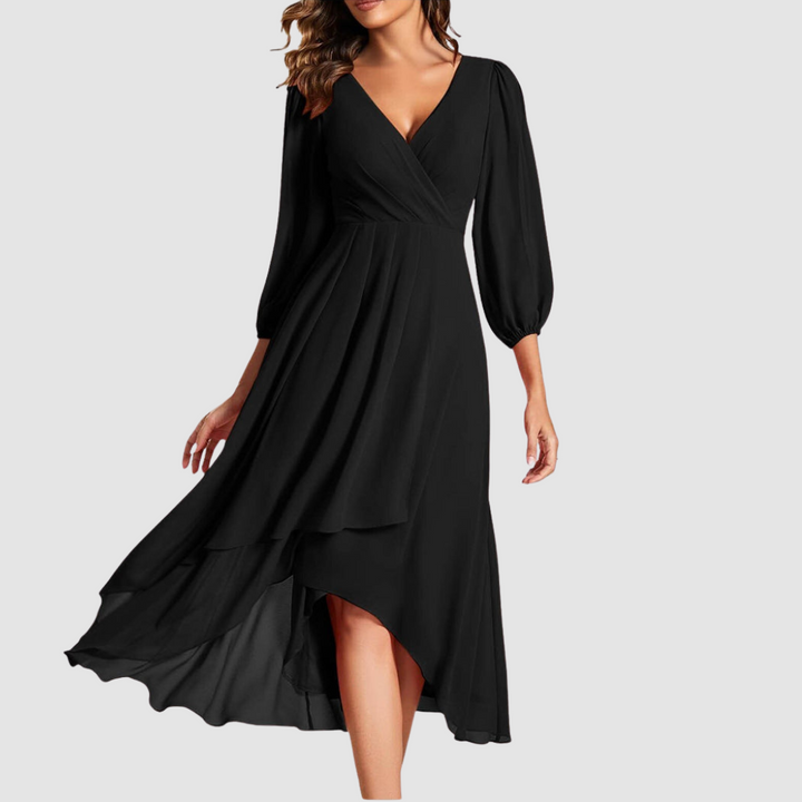 Black V-neck wrap long dress with balloon sleeves and layered skirt, midi hem slit