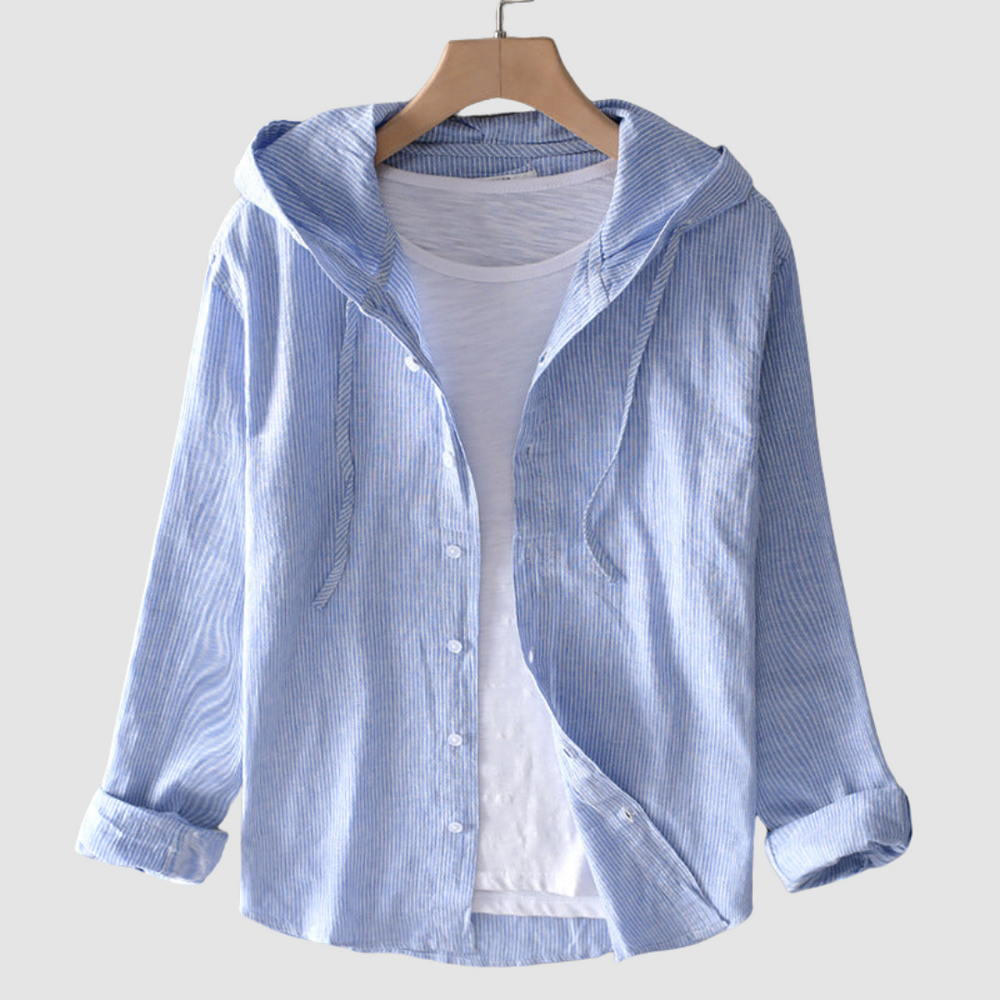 Blue hooded button-front blouse with chest placket and 3/4 sleeves, striped seersucker