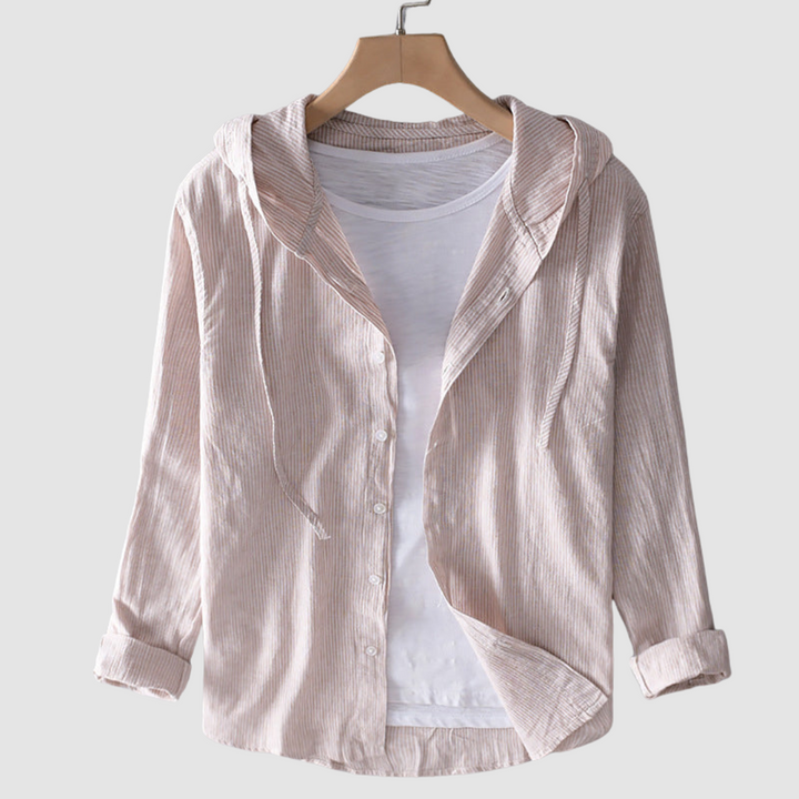 Beige striped breathable hooded button-up blouse with long sleeves