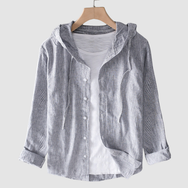 Gray striped hooded button-front blouse on hanger, 3/4 sleeves