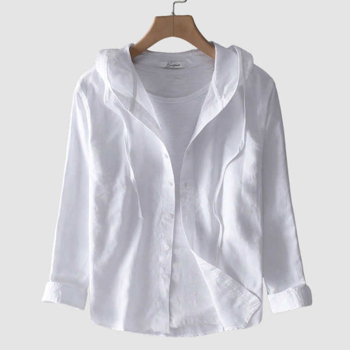 White breathable hooded button-up blouse with long sleeves