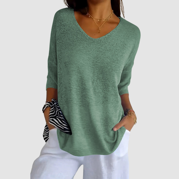 Green knit v-neck top with three-quarter sleeves and relaxed drape