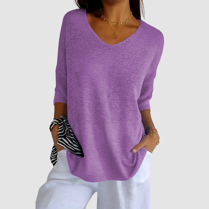 Purple knit v-neck top with three-quarter sleeves and loose fit
