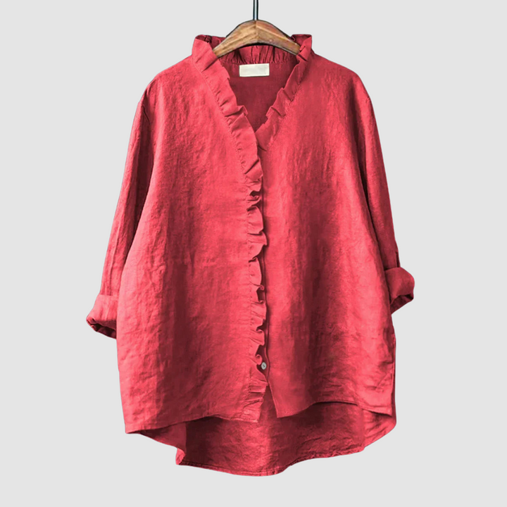 Amélie™ red ruffled V-neck blouse with long sleeves and button front