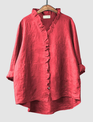 Red breathable blouse with ruffled button-front, V-neck, and long sleeves