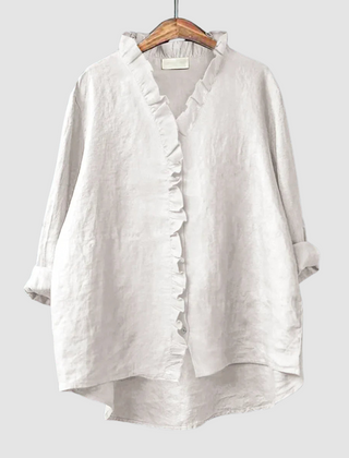 Amélie™ white blouse with ruffled V-neck and rolled sleeves