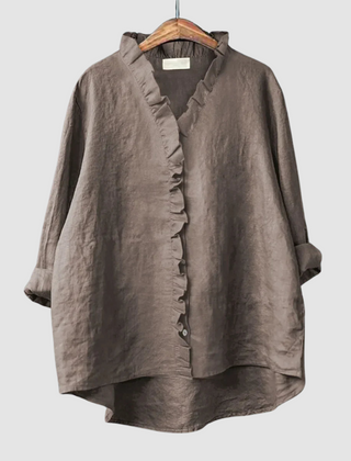 Taupe ruffle-front blouse with three-quarter sleeves