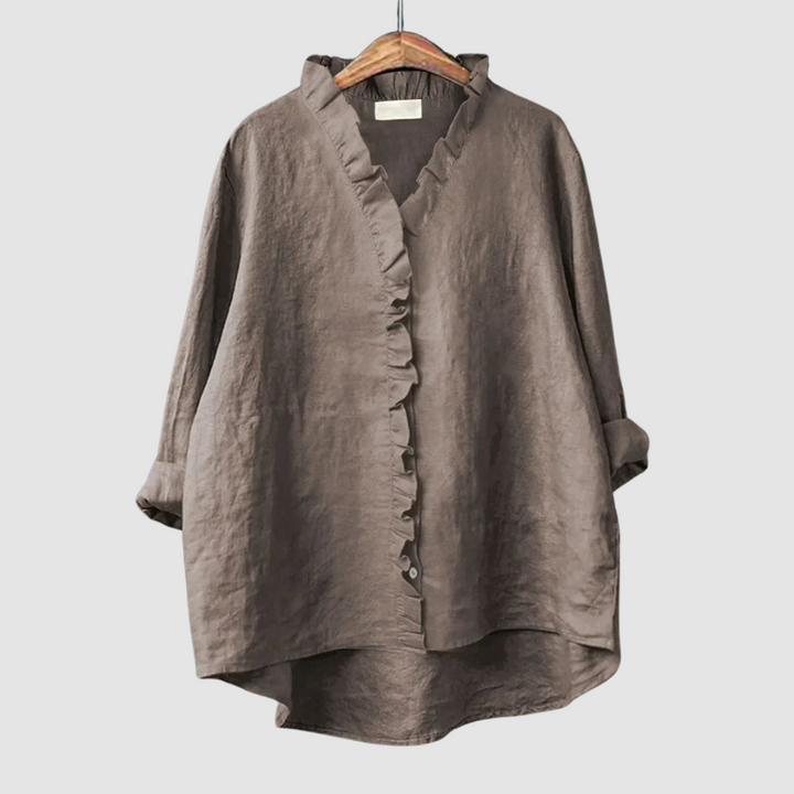 Light gray breathable blouse with ruffled button-front and V-neck, elbow-length sleeves