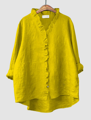 Yellow ruffle-front blouse with three-quarter sleeves