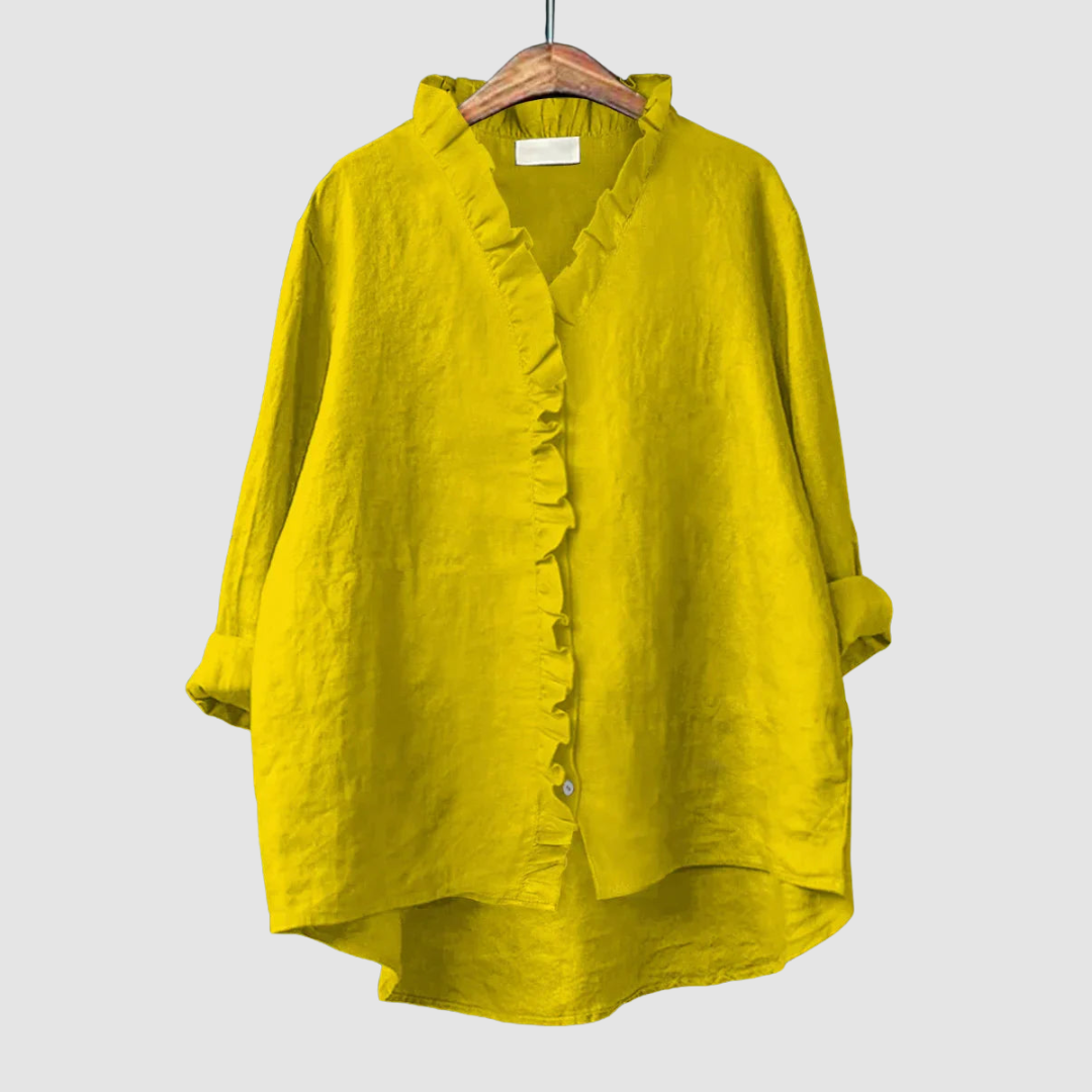 Yellow ruffle-front blouse with three-quarter sleeves