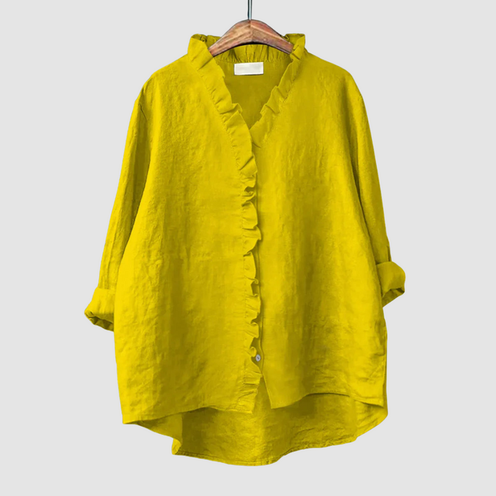 Yellow ruffle-front blouse with three-quarter sleeves
