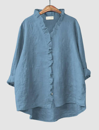 Blue breathable blouse with ruffled V-neck placket and button-front, 3/4 sleeves