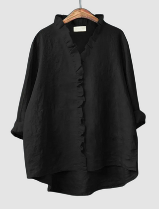 Black breathable blouse with ruffled button-front placket and V-neck, long sleeves