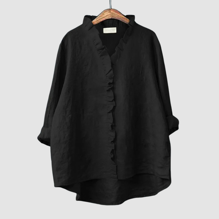 Black Amélie™ blouse with ruffled front and three-quarter sleeves
