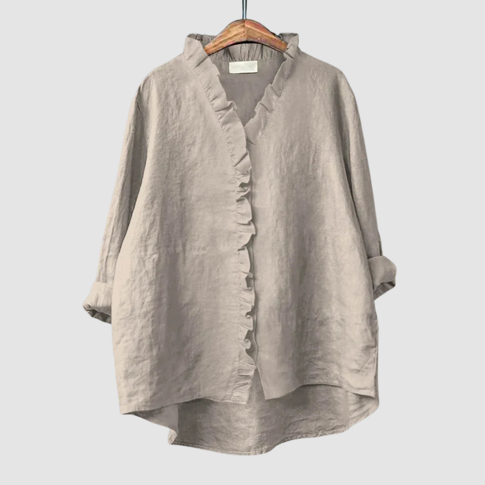 Gray ruffle-front blouse with three-quarter sleeves