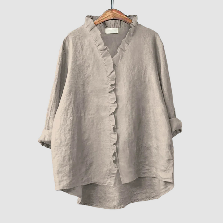 Amélie™ breathable gray blouse with ruffle trim and long sleeves
