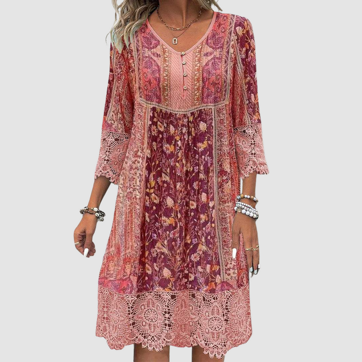 Boho dress with pink and red floral print, button front, lace sleeves, tiered skirt