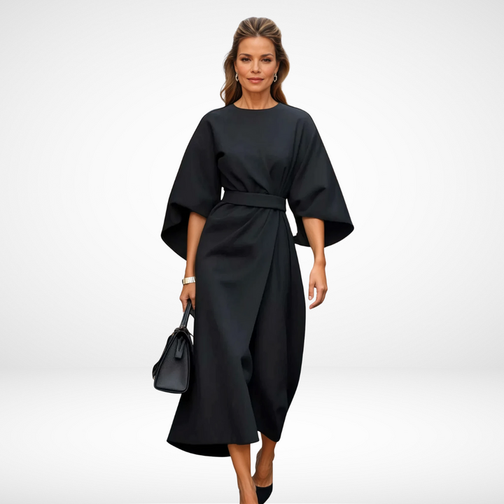 Black midi dress with waist tie and draped wrap front, wide dolman sleeves
