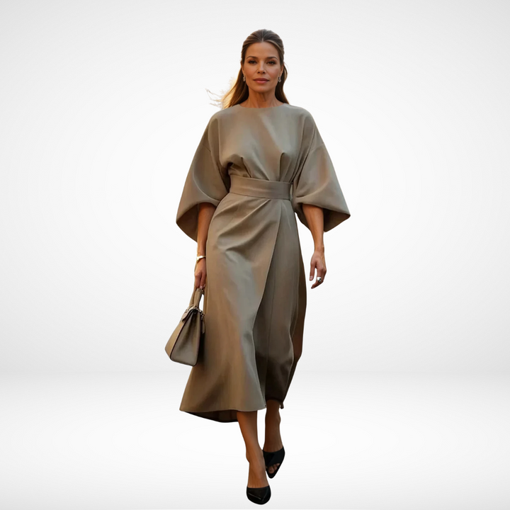 Beige midi dress with waist tie and draped wrap front, loose dolman sleeves