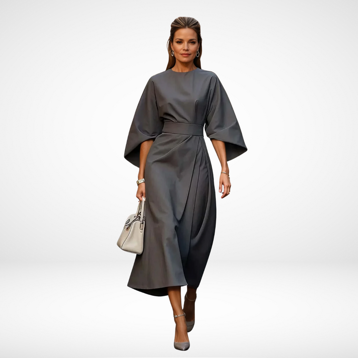 Grey midi dress with waist tie and draped wrap front, wide dolman sleeves