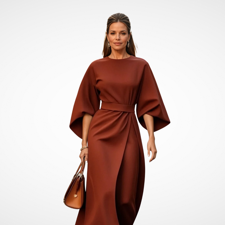 Brown midi dress with waist tie and draped wrap front, loose dolman sleeves