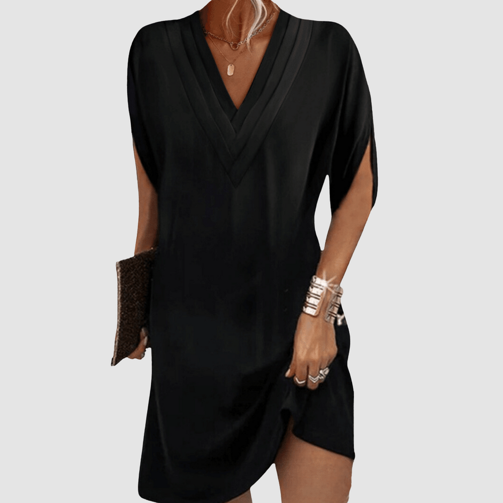 Black V-neck half-sleeve dress with draped wrap-look neckline and short curved hem