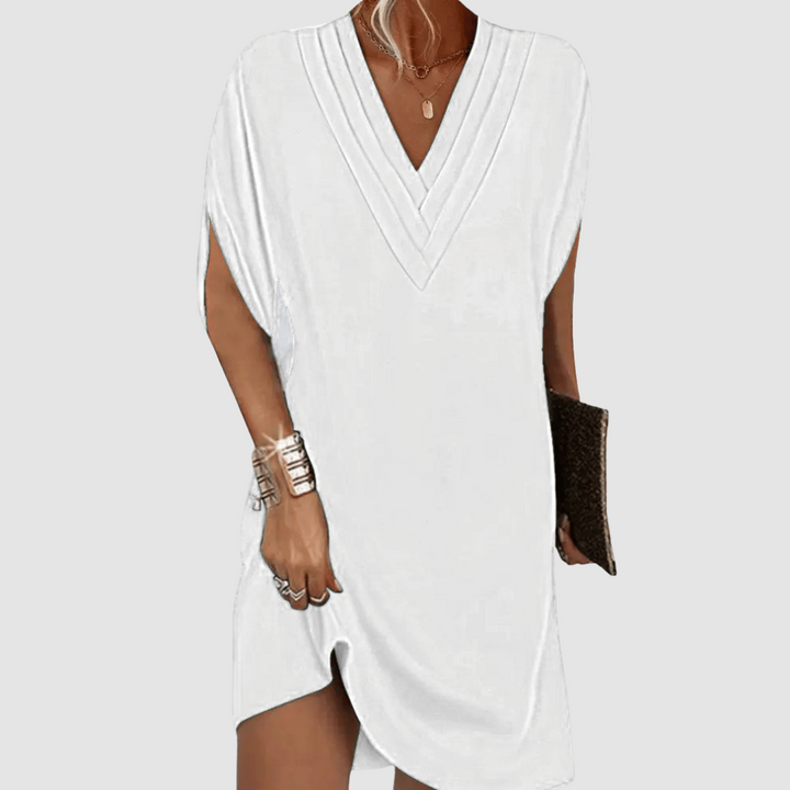 White V-neck half-sleeve dress with draped wrap-look neckline and short curved hem