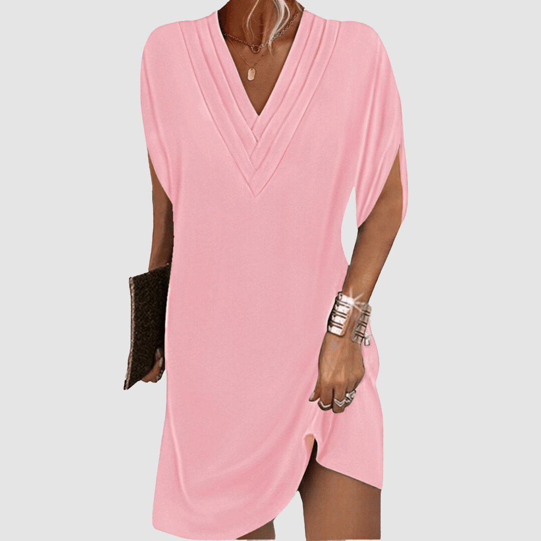 Pink V-neck half-sleeve dress with draped wrap-look neckline and short curved hem