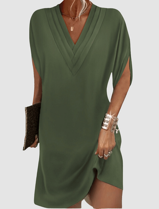 Army green V-neck half-sleeve dress with draped wrap-look neckline and short curved hem