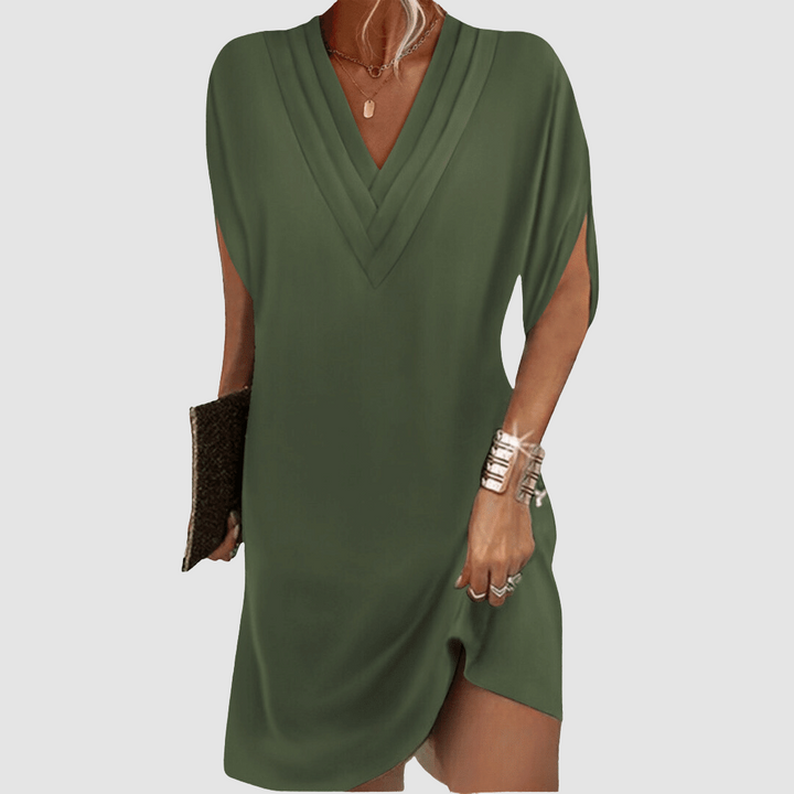Army green V-neck half-sleeve dress with draped wrap-look neckline and short curved hem
