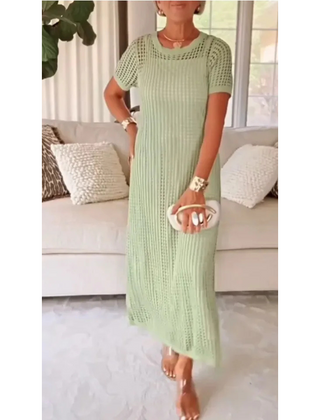 Light mint cut-out long maxi dress with short sleeves and matching inner slip