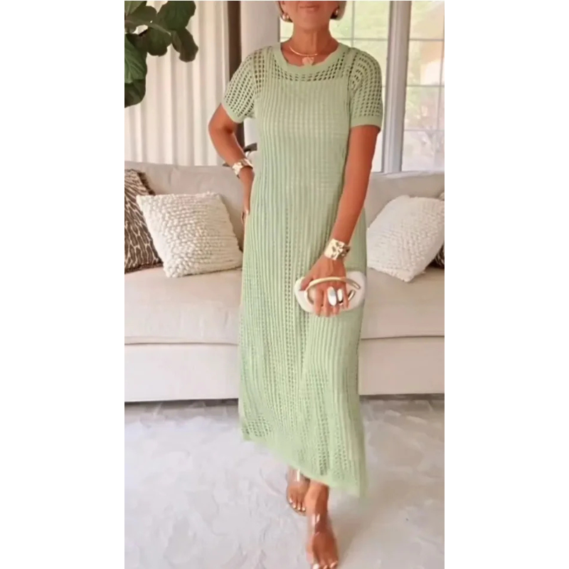 Light mint cut-out long maxi dress with short sleeves and matching inner slip