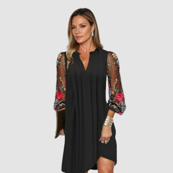 Black V-neck elegant dress with floral 3/4 sleeves and handkerchief hem slit