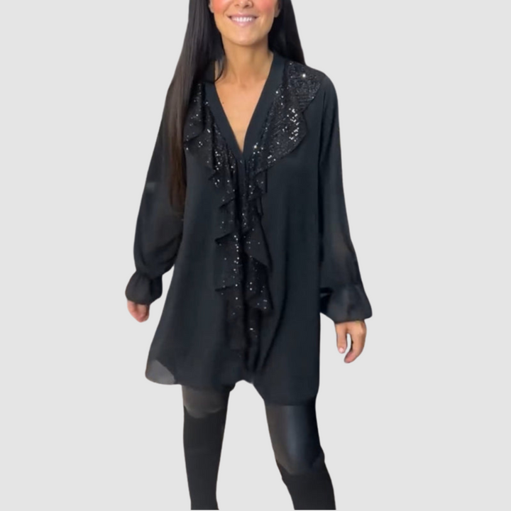 Black ruffled blouse with sequin front, long puff sleeves, V-neck tunic style