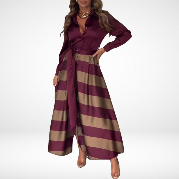 Burgundy striped maxi dress with long sleeves and waist belt, button-up bodice