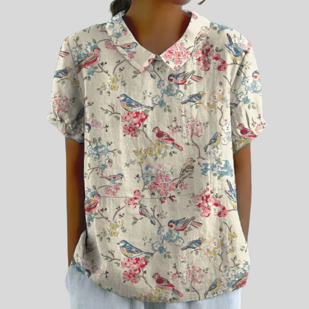 Amy™ | Bird & Blossom Polo Collar Top