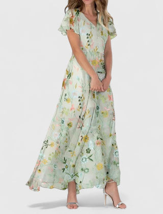Evelyn™ luxe maternity dress in light green floral with ruffle cap sleeves and V-neck