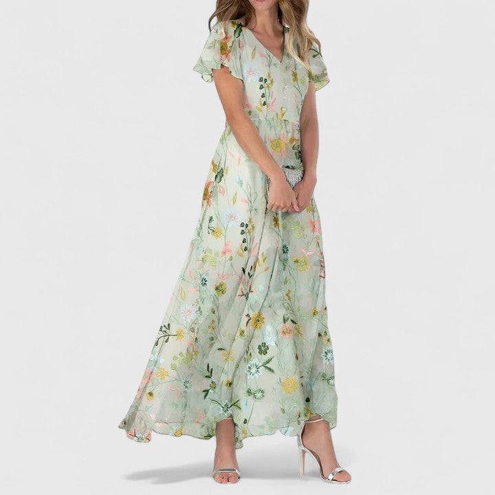 Evelyn™ luxe maternity dress in light green floral with ruffle cap sleeves and V-neck