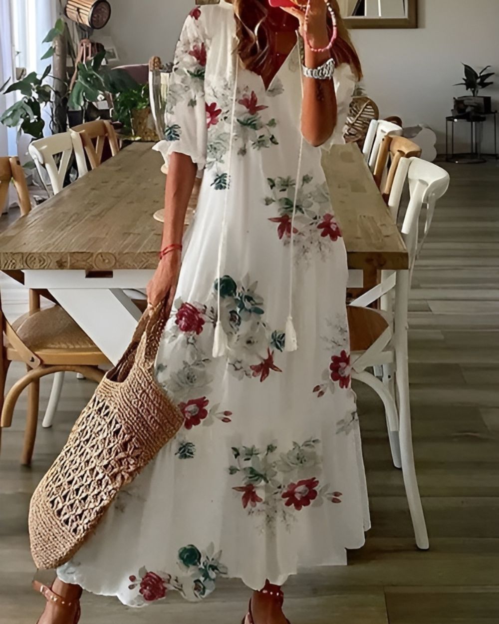 Boho covering dress in white with red rose floral print and short sleeves.