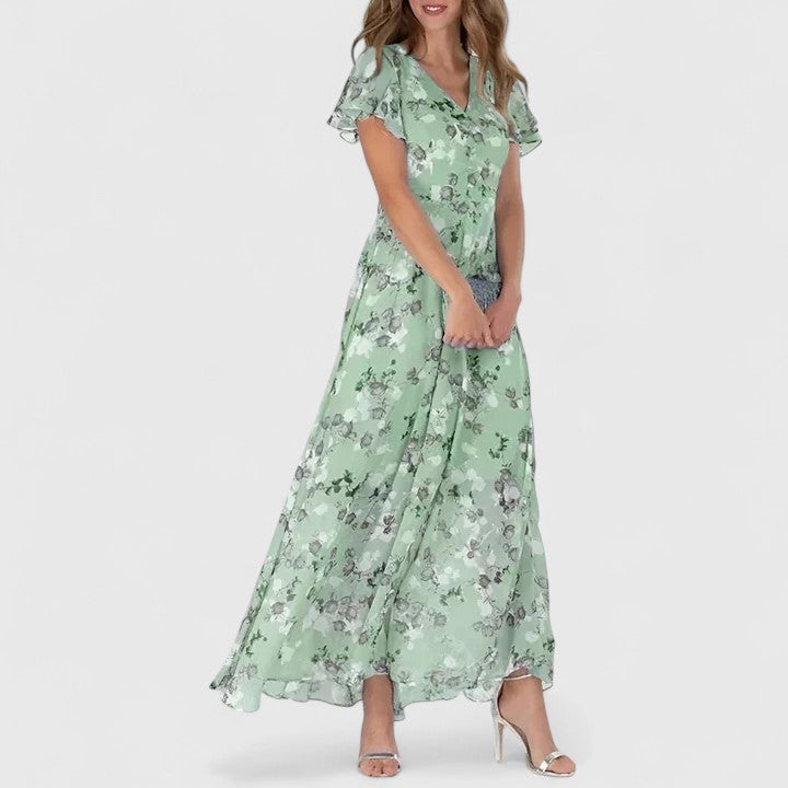 Evelyn™ luxe maternity dress in mint green floral with ruffle cap sleeves and V-neck