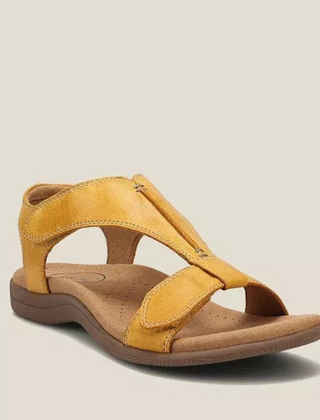 Yellow orthopedic leather sandals with adjustable strap and cushioned footbed
