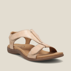 Beige orthopedic leather sandals with adjustable strap and cushioned footbed