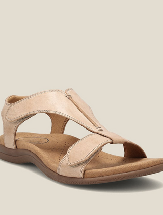 Beige orthopedic leather sandals with adjustable strap and cushioned footbed