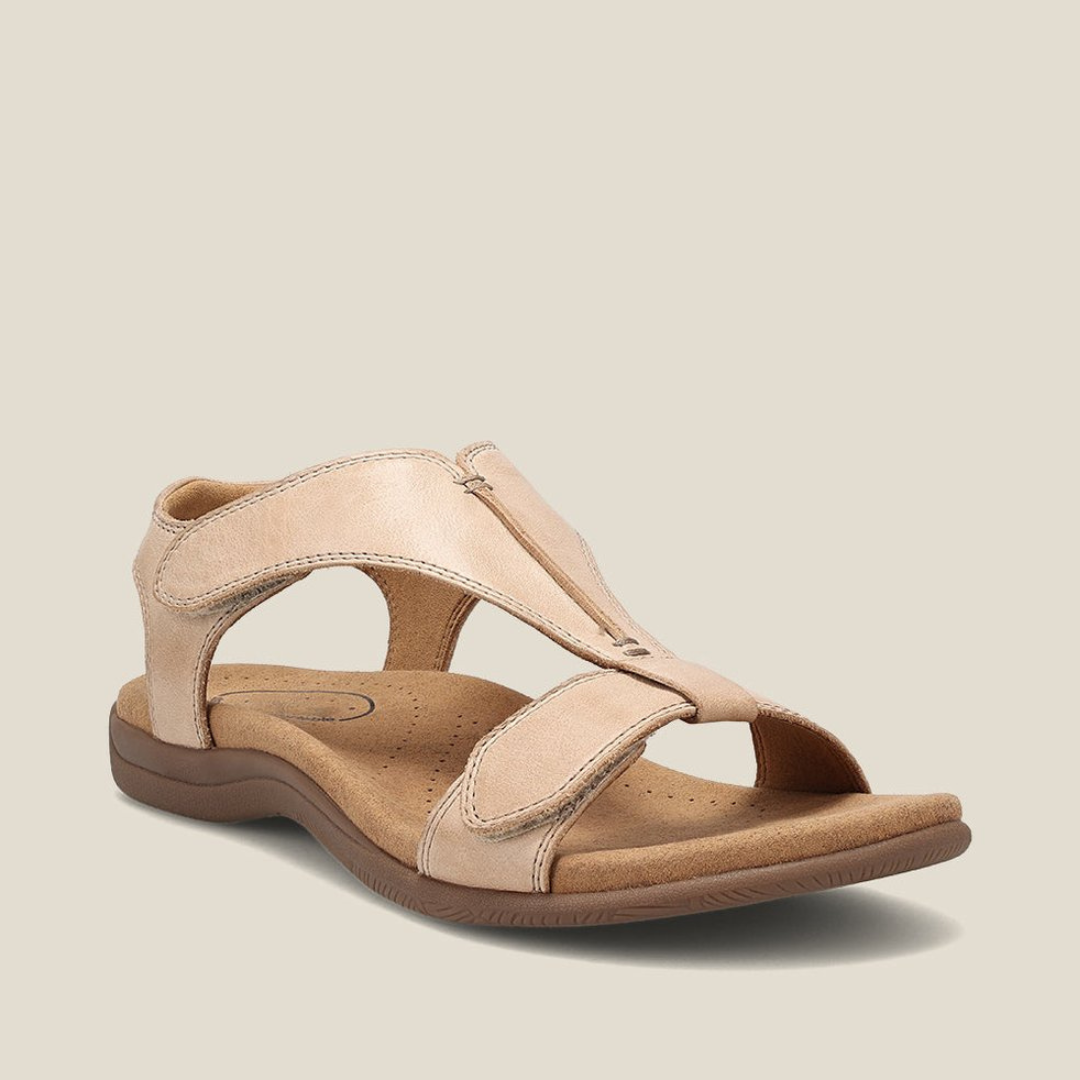 Beige orthopedic leather sandals with adjustable strap and cushioned footbed